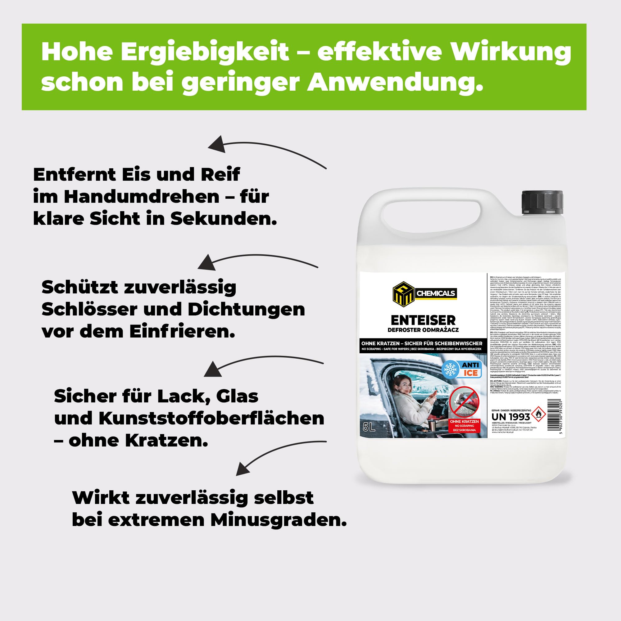44 x 5L Scheibenenteiser Auto bis –40 °C – Enteiser für Autoscheiben, Türen & Schlösser – Entfernt EIS & Reif in Sekunden – Lack- & Dichtungsschonend – Made in EU