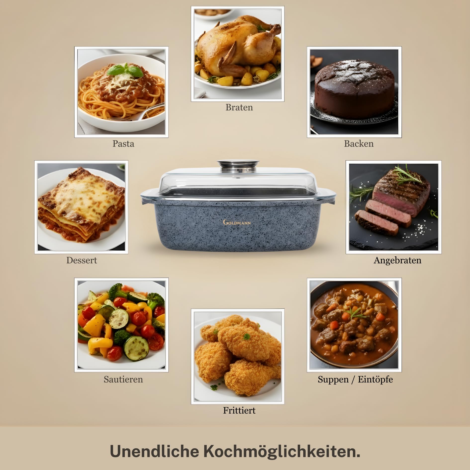 GOLDMANN Bräter rechteckig 32 x 21 x 11 cm (5,5 l) – Aluminiumguss – Antihaftbeschichtung in Marmoroptik – Glasdeckel mit Aromaknopf – Für alle Herdarten geeignet – Ofenfest – PFOA-frei