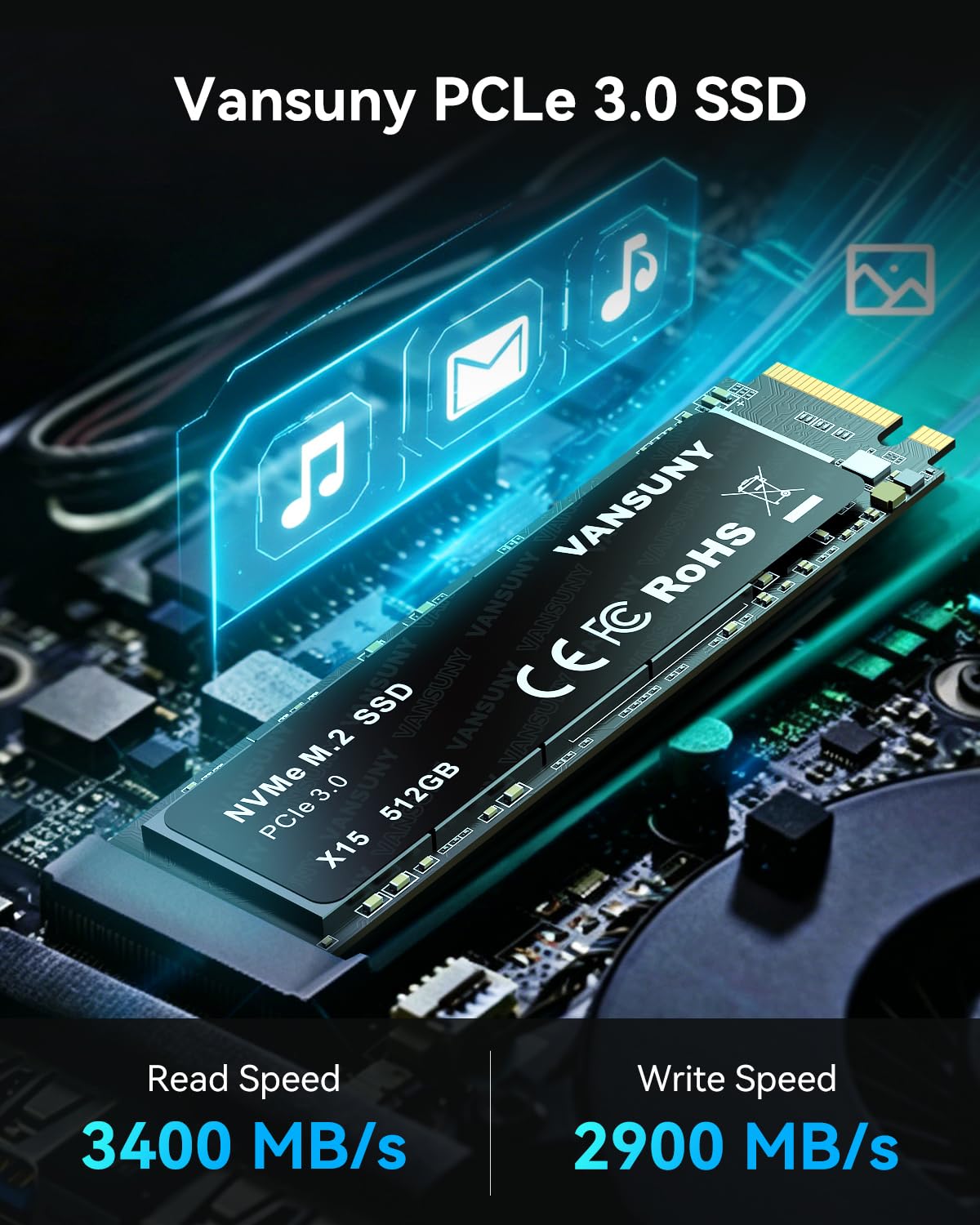 Vansuny SSD M.2 512Go, Disque Dur SSD M.2 NVMe 512go Vitesse 3400M/s pour La Mise à Niveau du Pc De Jeu