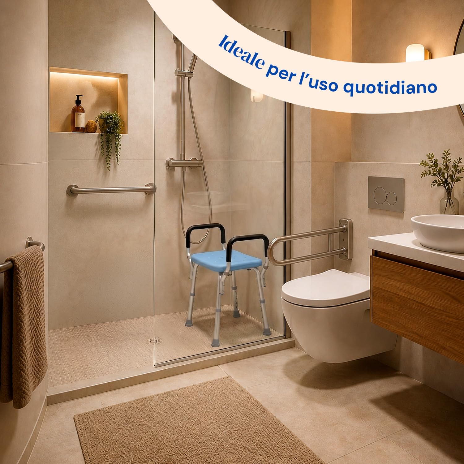Geriafy Sgabello Doccia Regolabile con Braccioli Antiscivolo per Anziani | Aqua Pro, sgabello doccia con braccioli, altezza regolabile, seduta stabile, antiscivolo, alluminio