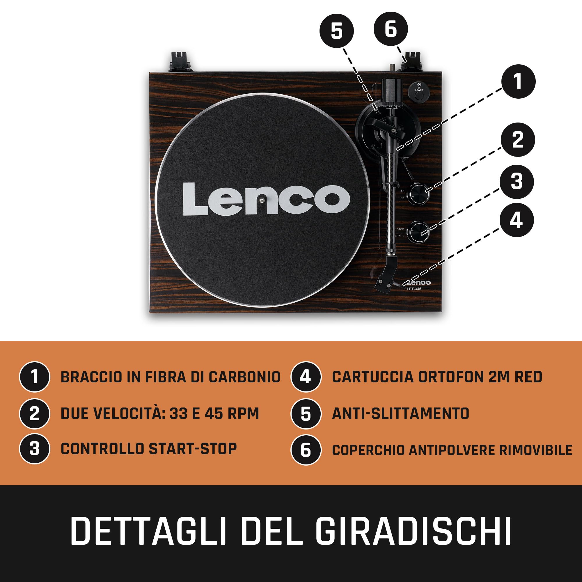 Lenco LBT-345WA - Giradischi con Bluetooth® e testina 2M Red, incluso stabilizzatore cromato - Noce