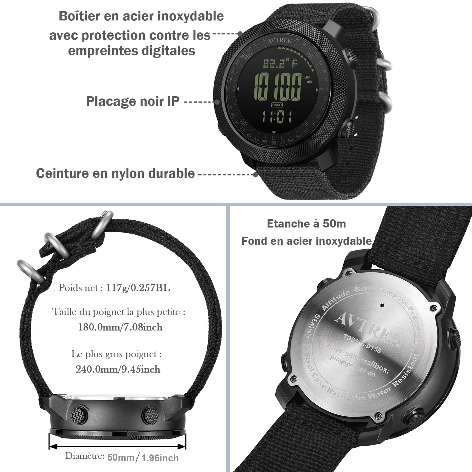 AVTREK Reloj para Hombres,con altímetro, barómetro y brújula Digital | Reloj táctico de Supervivencia para Hombres, Ideal para Actividades al Aire Libre como Senderismo, natación y ejército