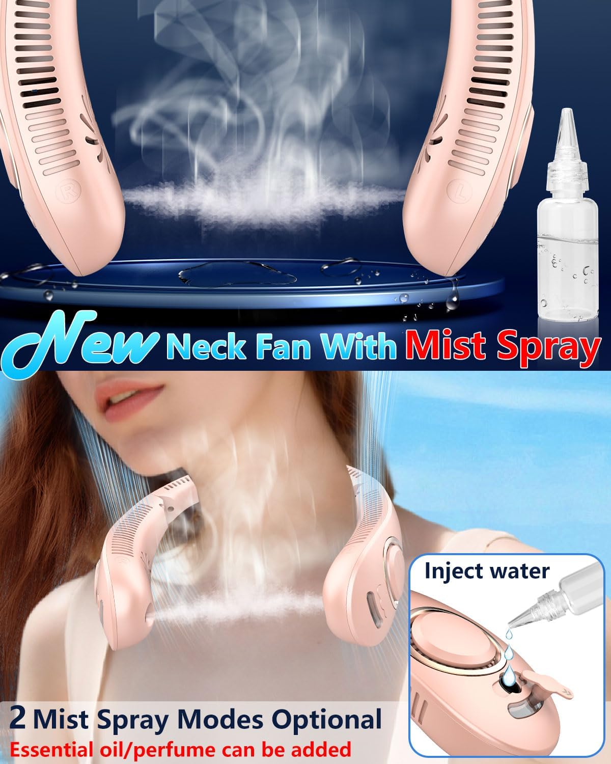 Neck Fan with Water Mist Spray,Misting Cooling Personal Fans for Your Neck Go Around that Blow Cold Air,Foldaway Hands Free Devices Mister Fan,Best Gifts for Mother's Day Father's Day Birthday