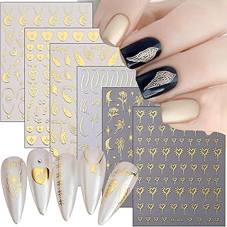 Vezocim Gold Nail Art Stickers Decals 3D Angel Wings Heart Sun Moon Star Flower Rose Line Nail Self-Adhesive Sticker Designs Golden Nail Transfer Decals for Women Girls Manicure Art Decorations