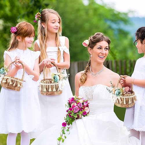 Miniatura 5 de Thyle 4 cestas tejidas de ratán para boda, cesta de almacenamiento rústica floral tejida a mano con 4 flores artificiales, cesta decorativa de