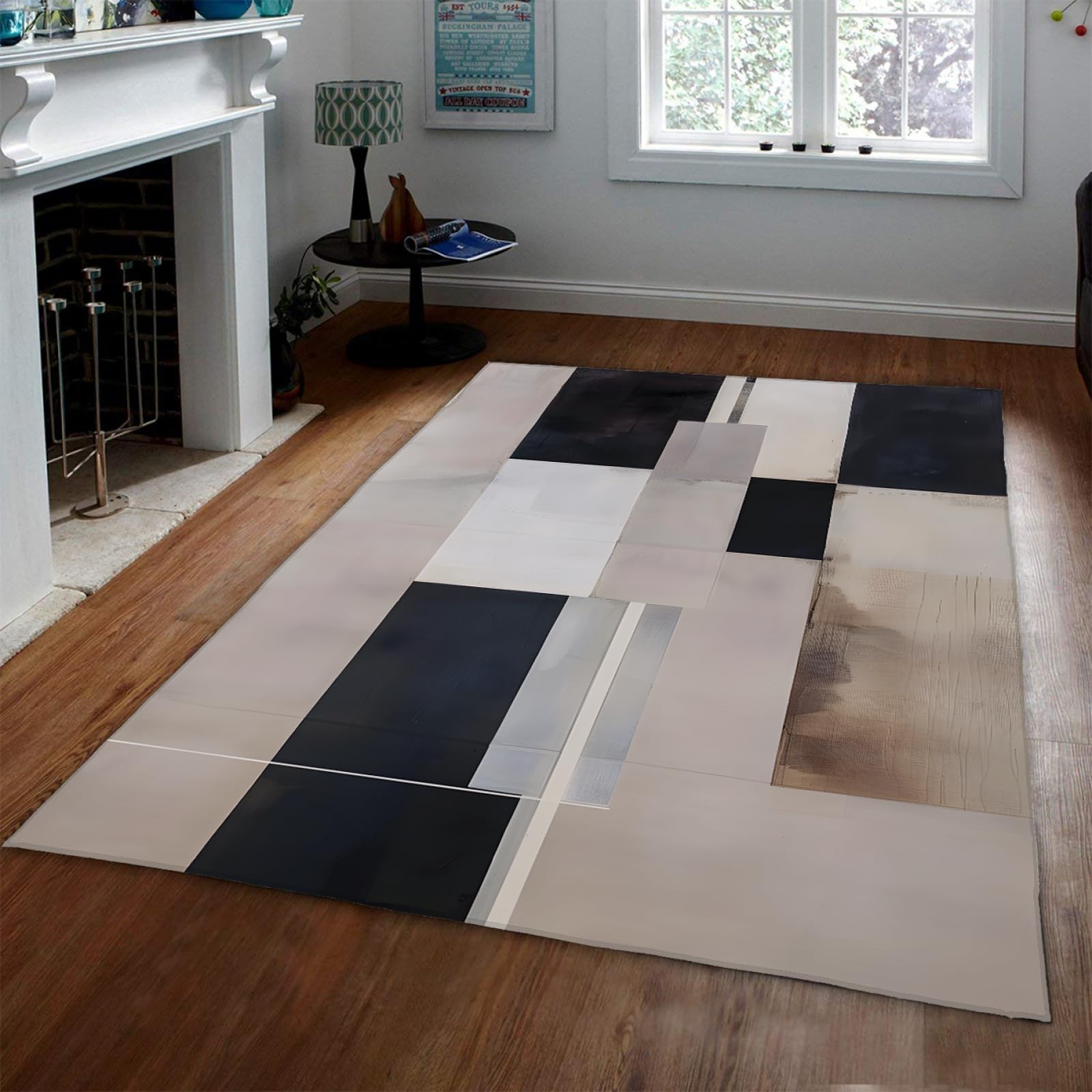 Tapis de sol moderne 160x220cm doux à rayures noir et blanc