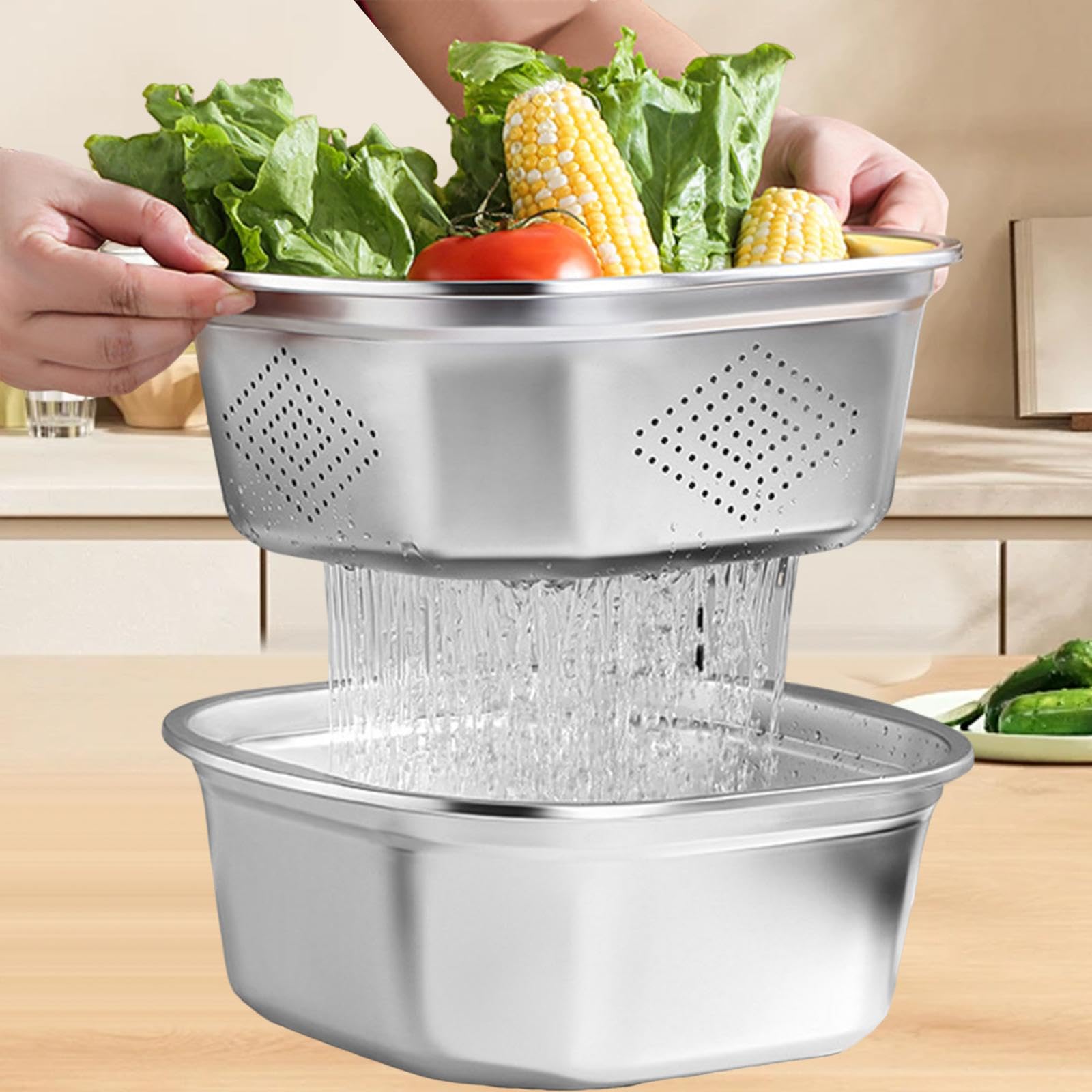 Edelstahl Sieb Schüssel System Pasta Mischschüssel Reissieb Aufbewahrungsbehälter mit Deckel für Lebensmittel Haushalt, 4600 Ml