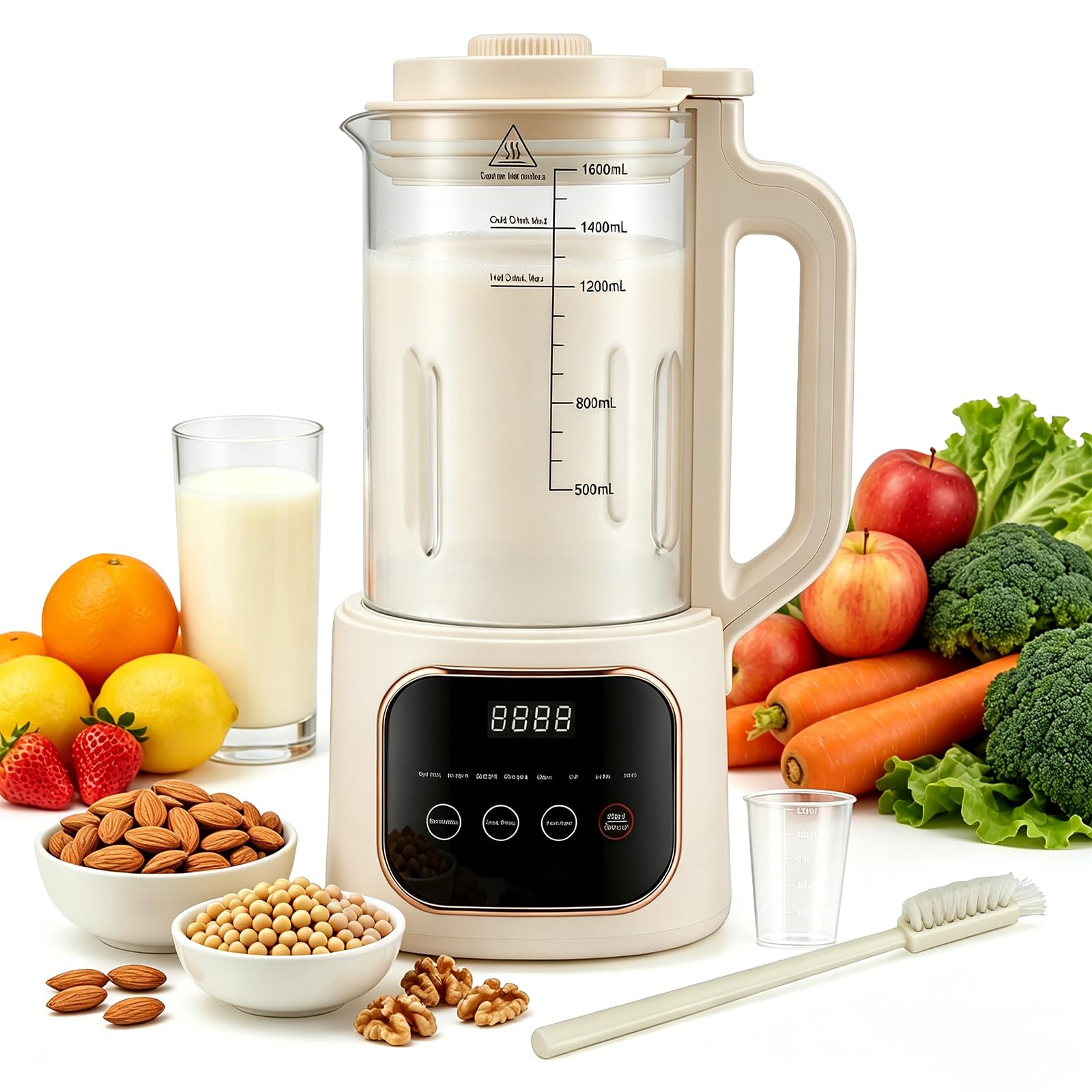 Máquina automática de leche de soja, máquina de leche de nueces de 1600 ml con 20 cuchillas, pantalla LED, temporizador de 24 horas, función de autolimpieza, para leches vegetales caseras como soja