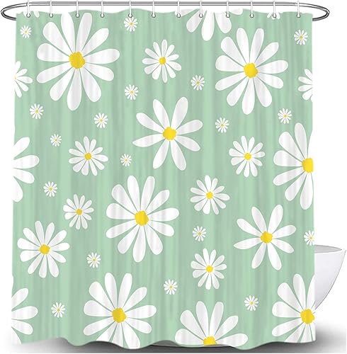 Miniatura 3 de Cortina de ducha floral con margaritas verdes, bonito juego de cortinas de ducha de tela de flores retro bohemias blancas y verdes para niñas,
