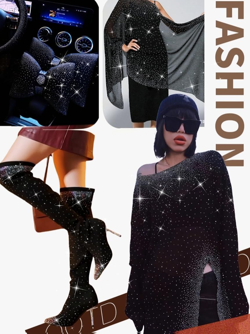 12 Sheets Iron on Rhinestone Sheets for Heat Press | Hotfix Rhinestone Transfers, Flat Round Crystal Decals, Glitter Gems Stickers, Iron on Patches for T-Shirts, Denim, Clothing, DIY Crafts