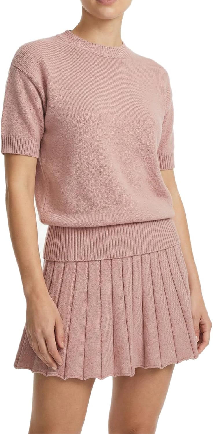 Womens 2 Piece Outfits 2026 Short Sleeve Crewneck Knit Tops And Pleated Mini Skirt Two Piece Sets - Image 2