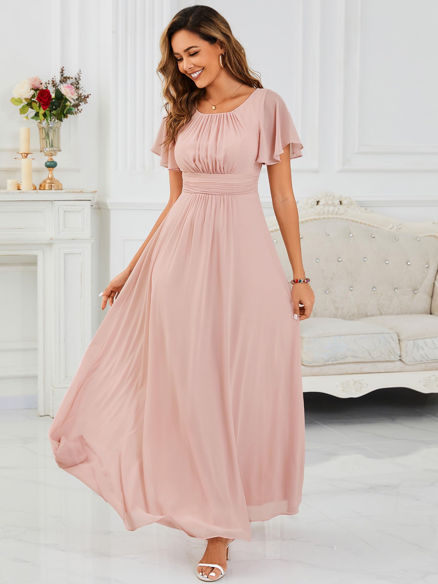 Ever-Pretty Abito Cerimonia Donna Eleganti Lungo a Maniche Corta Abito Damigella d'Onore in Chiffon Vestito Donna Elegante ES01840