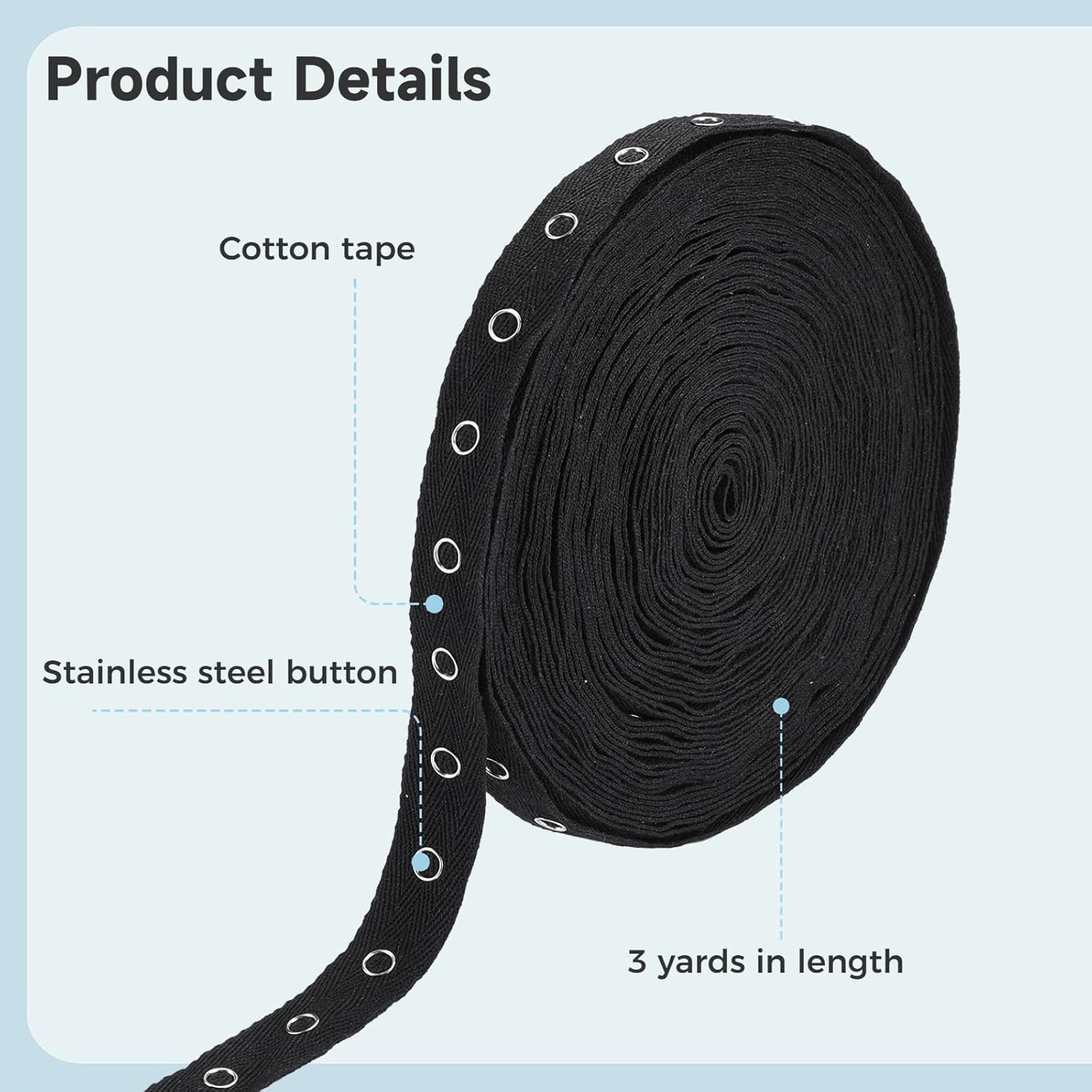 15 Yard Black Sewing Snap Trim, Soft Cloth Snap Button Tape, Fastener Press Stud Tape for DIY Accessories