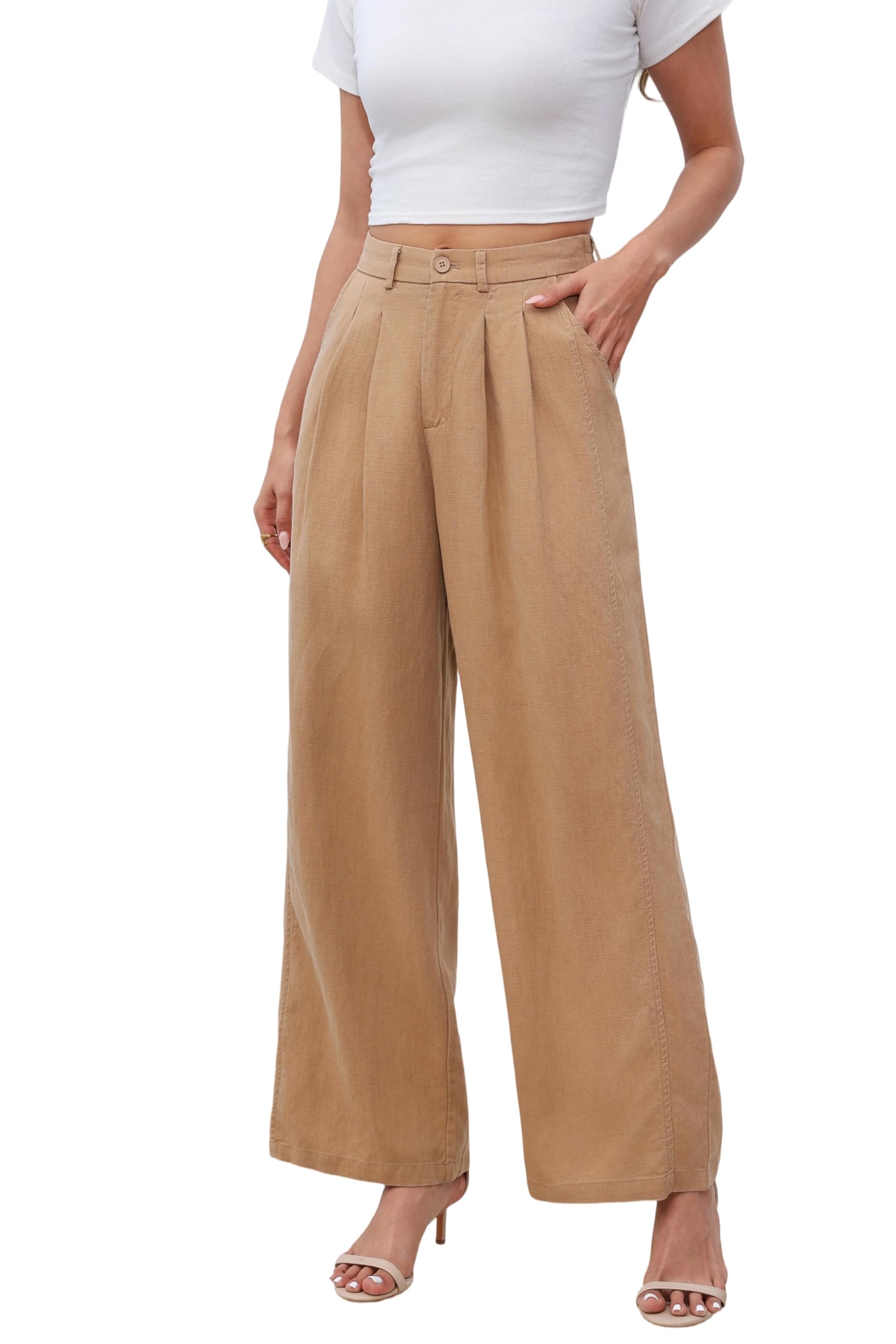 Love Welove Fashion Linen Pants Women, 100% Linen Wide Leg Pants with Elastic Back Waist