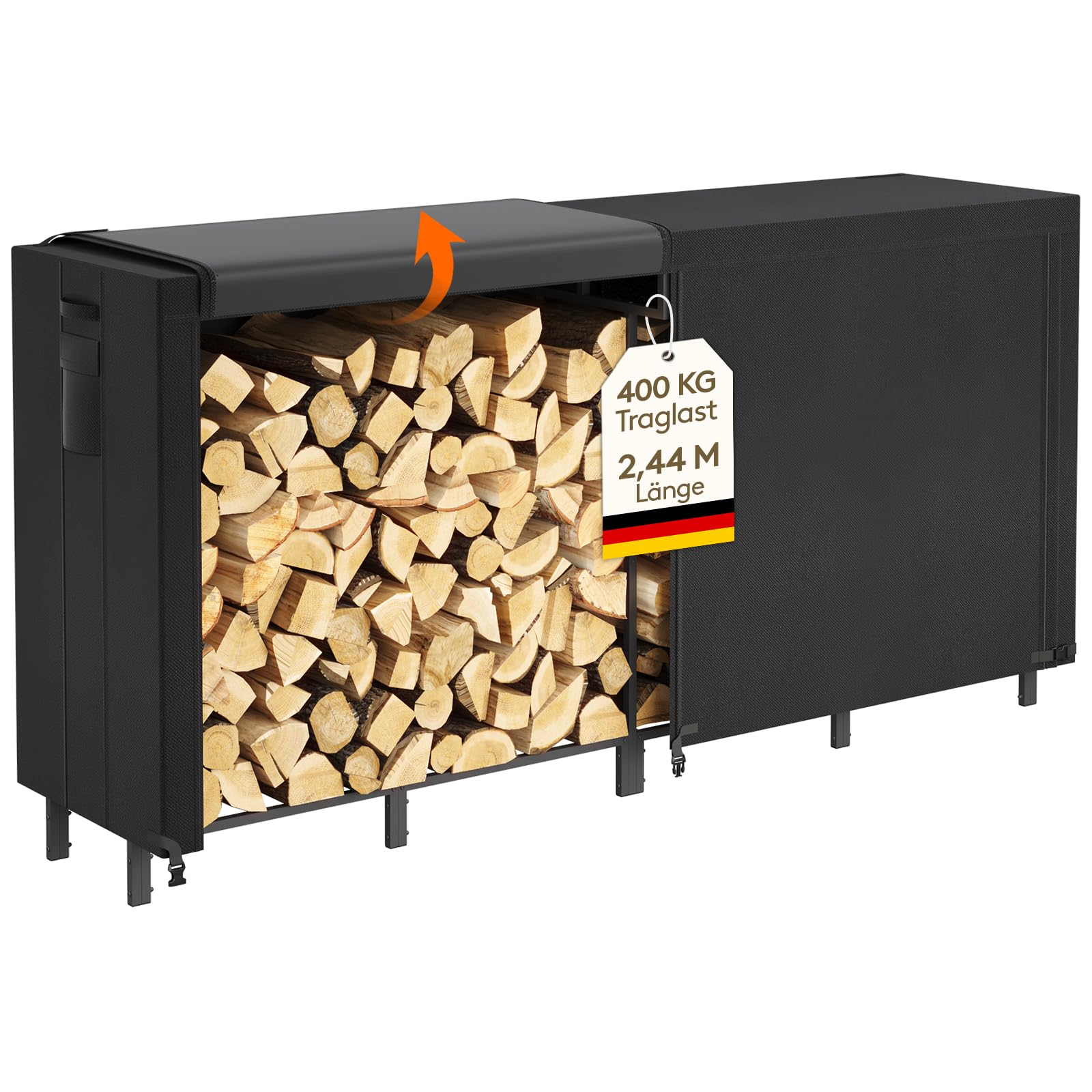 Lifewit Kaminholzregal Metall, Brennholzregal Stahlrahme mit Wasserdichter, Abdeckung, Stapelhilfe Holzunterstand Holzlager, Holzstapelhilfe für Veranda, Feuerstellen, 244×58,5×122 cm