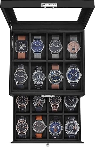 SONGMICS Caja de reloj de 16 ranuras, caja de reloj con tapa de vidrio, 2 capas, vitrina de reloj con cerradura, cuero sintético negro, forro negro
