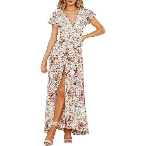 ZESICA Women's 2025 Bohemian Floral Printed Wrap V Neck Short Sleeve Split Beach Party Maxi Dress