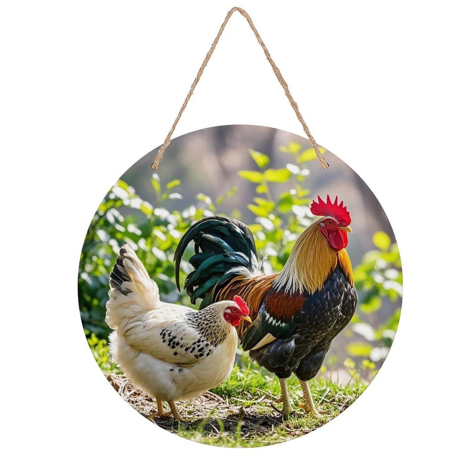 FekiLoot Rooster And Hen Wall Art Decor Round Wood Hanging Sign Decoration Wooden Circle Door Sign Round Hanging Decorative Wood Plaque Door Hanger for Home Outdoor Indoor Decoration