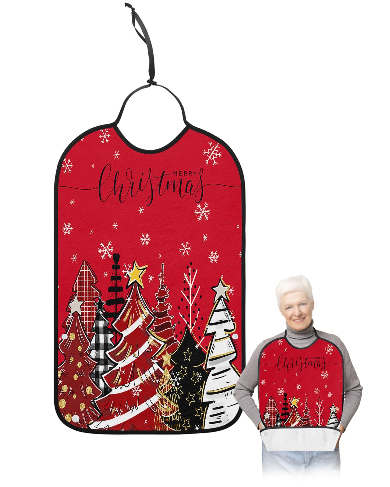 Kewadony Adult Bibs for Elderly Women - Red Christmas Tree Waterproof Dining Clothing Protectors with Crumb Catcher for Eating/Feeding, Red Black Xmas Tree Snowflake Terry Cloth Bib Machine Washable