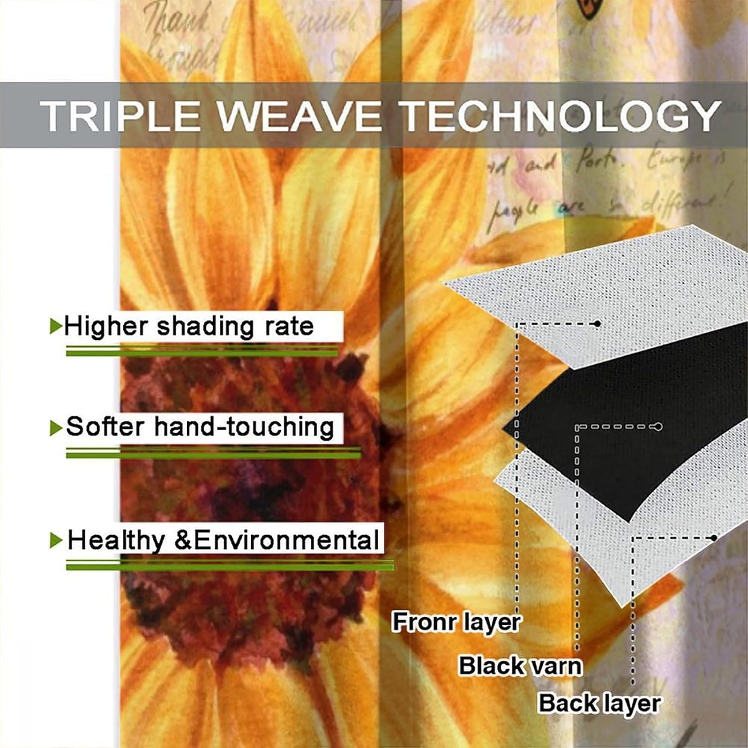 Sunflower Blackout Curtains, Vintage Yellow Flowers Country Style Home Decor Drapes Bedroom Living Room Kitchen Rod Pocket Window Treatment 2 Panels Set Total Size 42" W X 54" L Inch