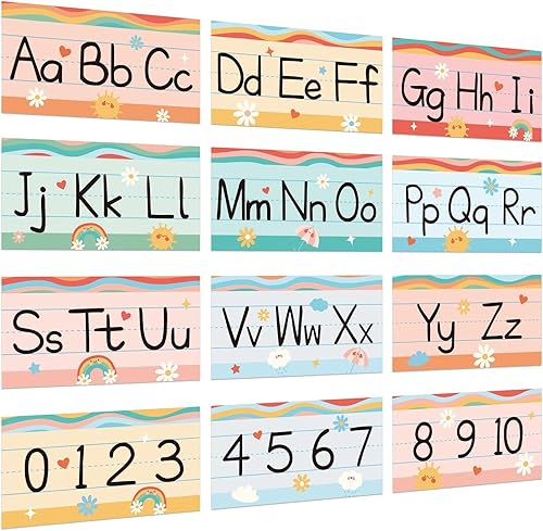 Juego de 12 tiras de tablón de anuncios del alfabeto, letras del alfabeto retro ABC y bordes de números para jardín de infantes, preescolar, aula,