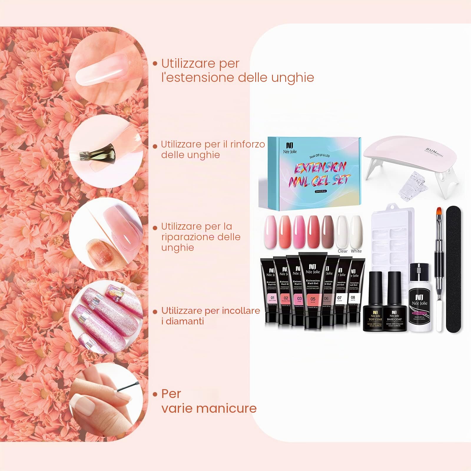 15ml Gel Unghie Ricostruzione Kit con Mini lampada UV, Unghie Extension Gel Set, per Extension per Unghie Clip Base Coat top Coat per Nail Art Starter Kit (Multicolore3)