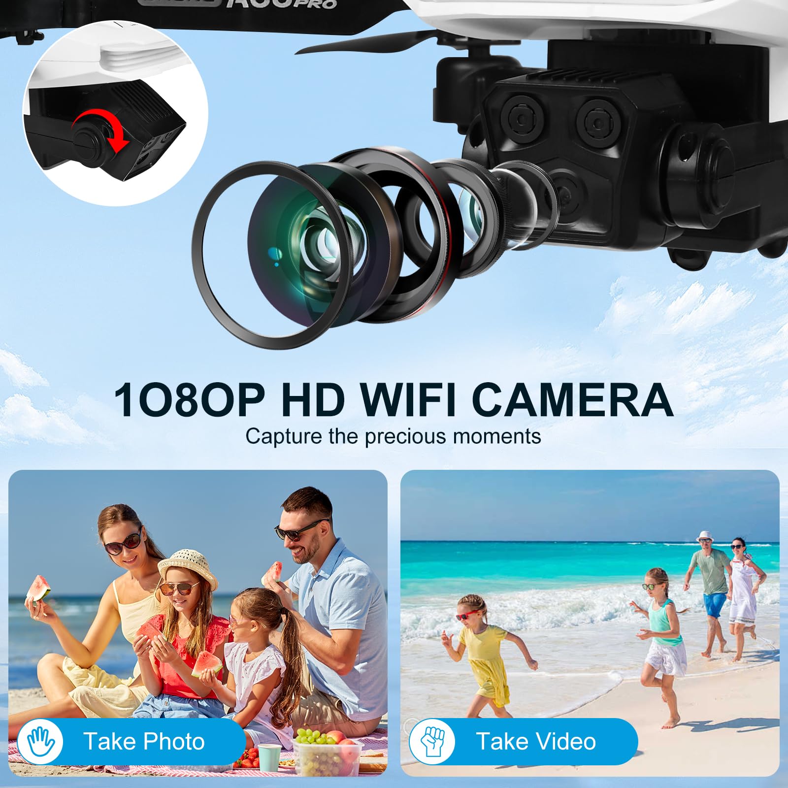 Dron z kamerą 1080p HD dla dzieci, dron RC z 2 akumulatorami, składany quadcopter z transmisją FPV WiFi czujnik grawitacyjny, tryb 3D Flip Mode start/lądowanie jednym przyciskiem (Biały)
