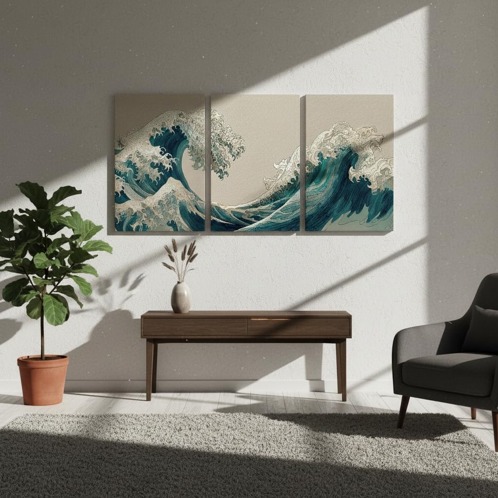 TEOVGKN 3Pcs Japanese The Great Wave Canvas Wall Art, Ukiyo-e Ocean Waves Pictures, Zen Blue Abstract Seascape Posters for Bedroom Bathroom Office Decor, FRAMED READY TO HANG (12x16 in)
