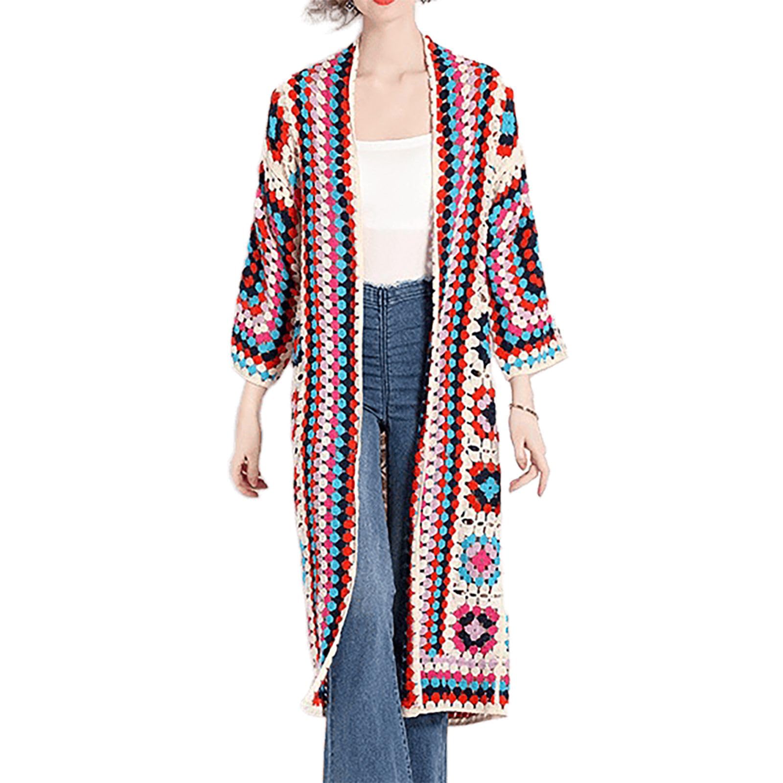 Gothic Punk Knee-Length Slimming Knit Long Trench Coats Bohemian Y2K Fall Casual Crochet Cardigan Tops