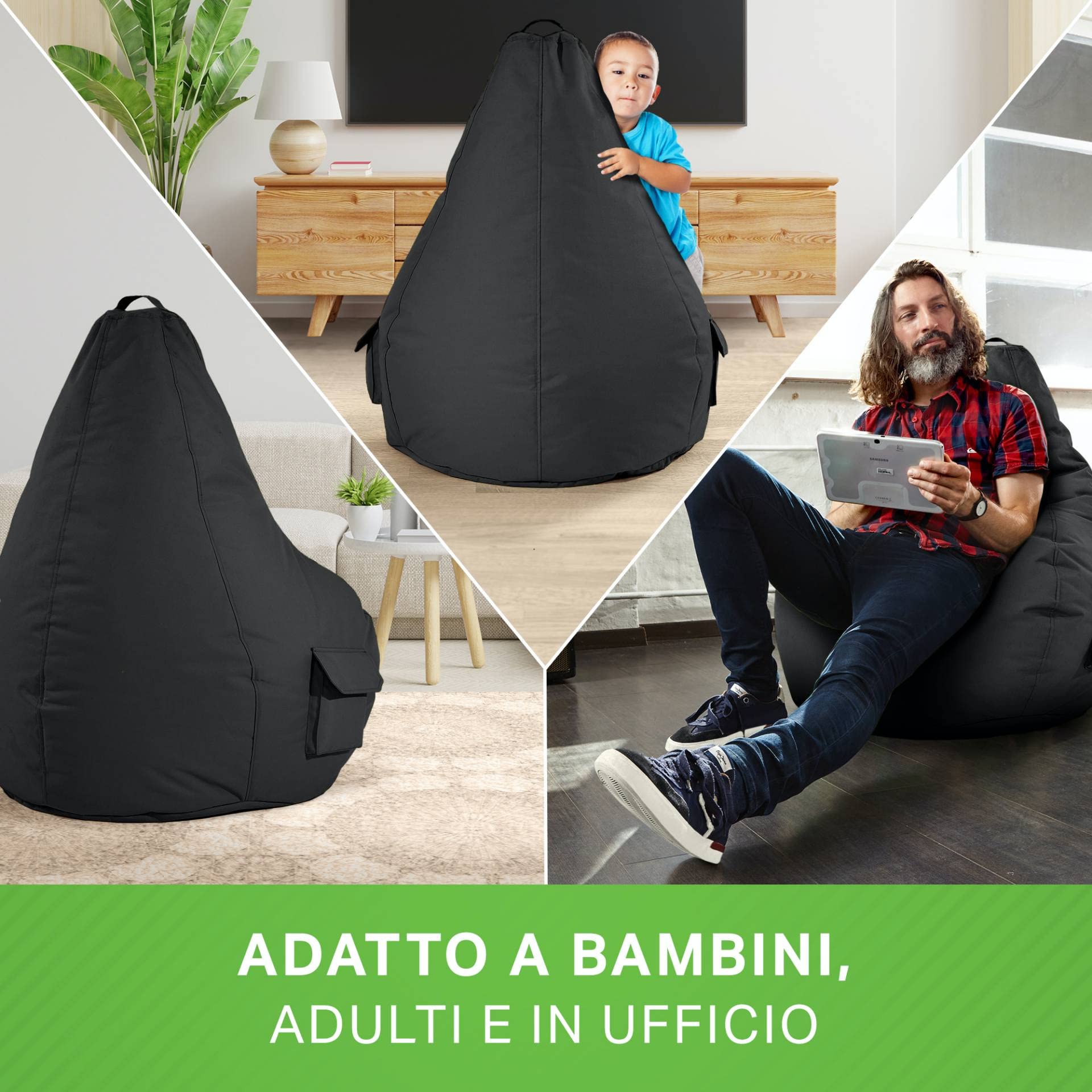 Green Bean© Poltrona a sacco con schienale 80x70x90cm - Sedia Gaming 230 litri di imbottitura accogliente, morbida, e lavabile - Cuscino pavimento Pouf Sgabello Poltrona da gioco Relax Nero