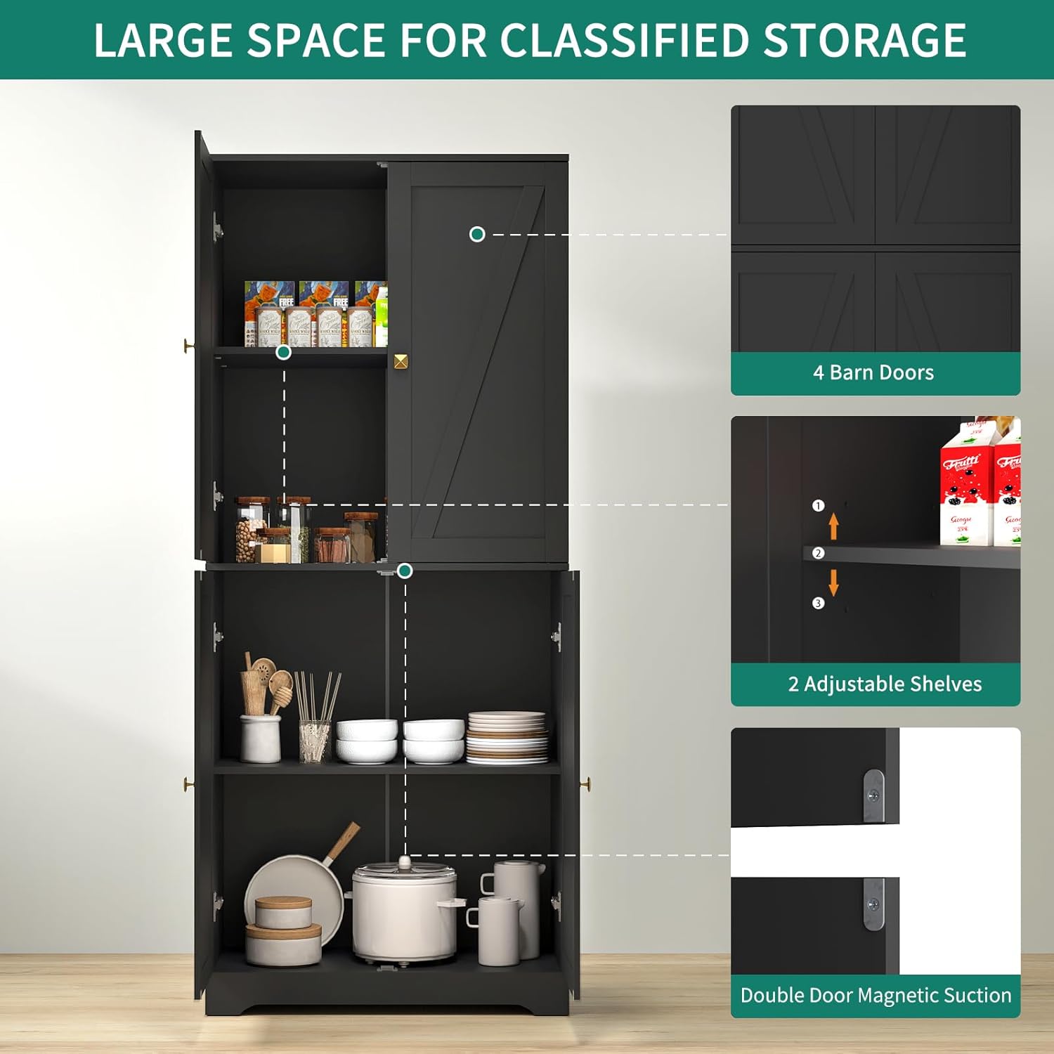 Kitchen Pantry Cabinet Set of 3, 72” Tall Farmhouse Storage Cabinet with 4 Barn Doors and Adjustable Shelves, Pantry Cabinet Versatile Storage for Kitchen, Living Room, Black