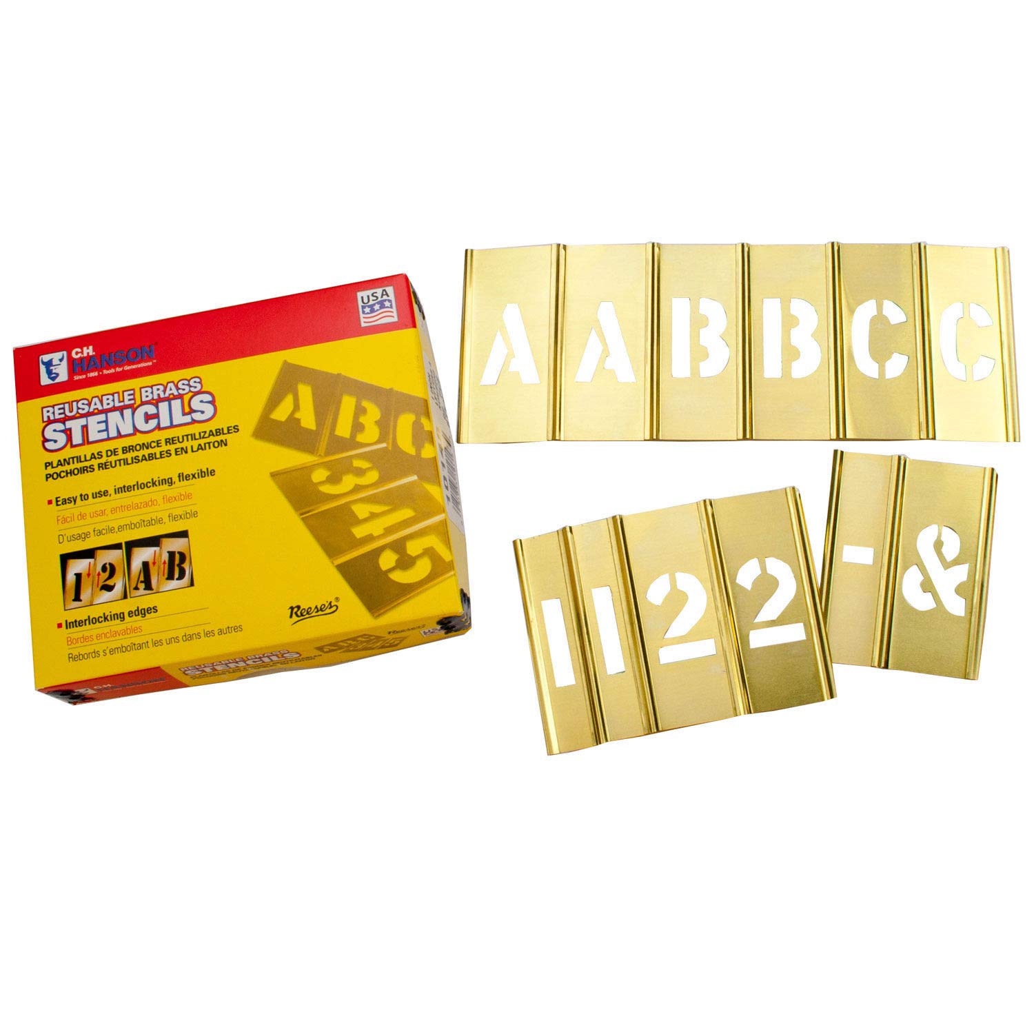 C. H. Hanson 10113 3" Brass Interlocking Stencil Letters and Numbers, 77 Piece Set