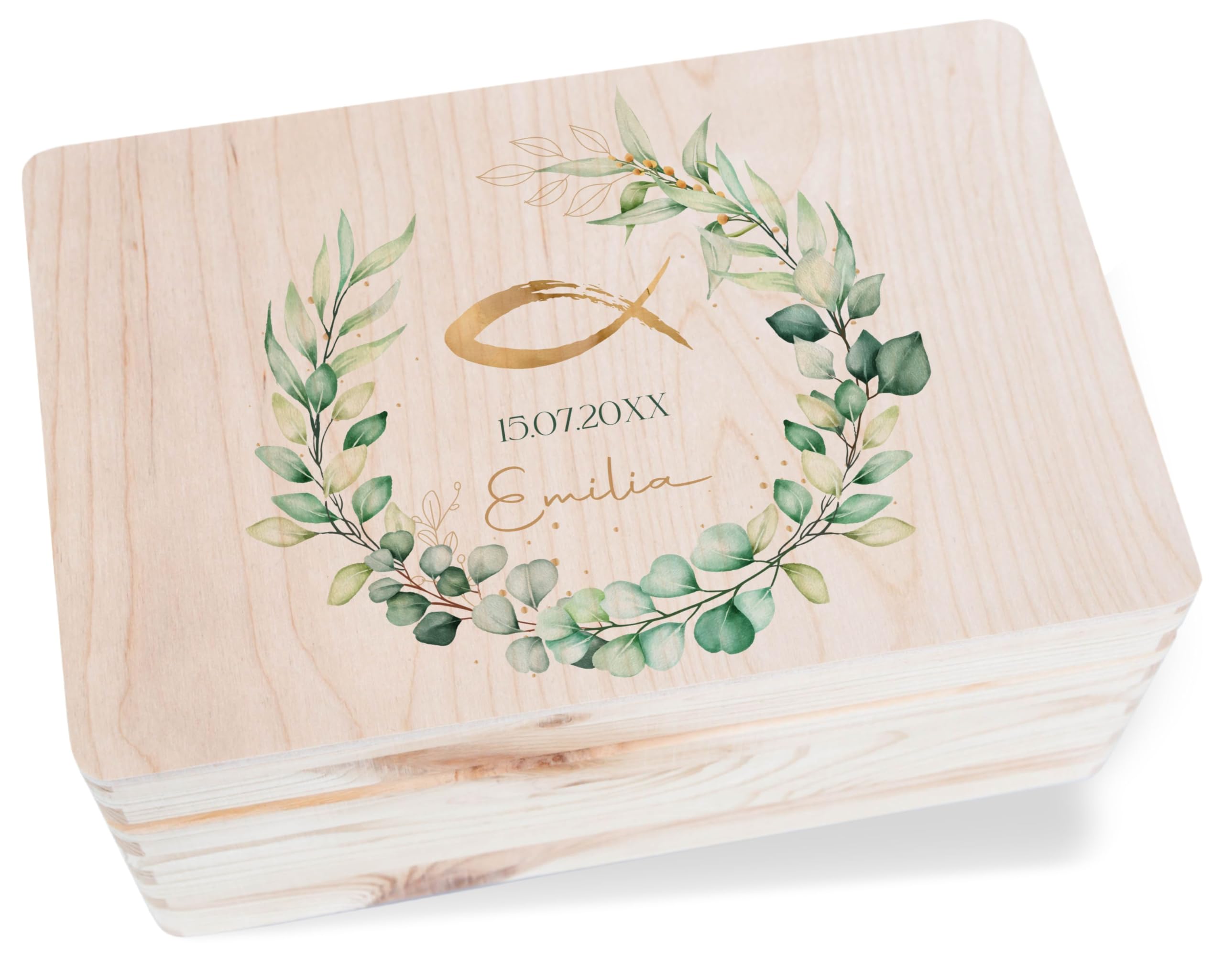 Holzkiste - Erinnerungsbox Kommunion Fisch Eukalyptuskranz | Kommunion Erinnerungsbox Personalisiert - 30 x 20 x 14 - Holz - firmung holzschachtel box zur erstkommunion kommunionsgeschenk taufe