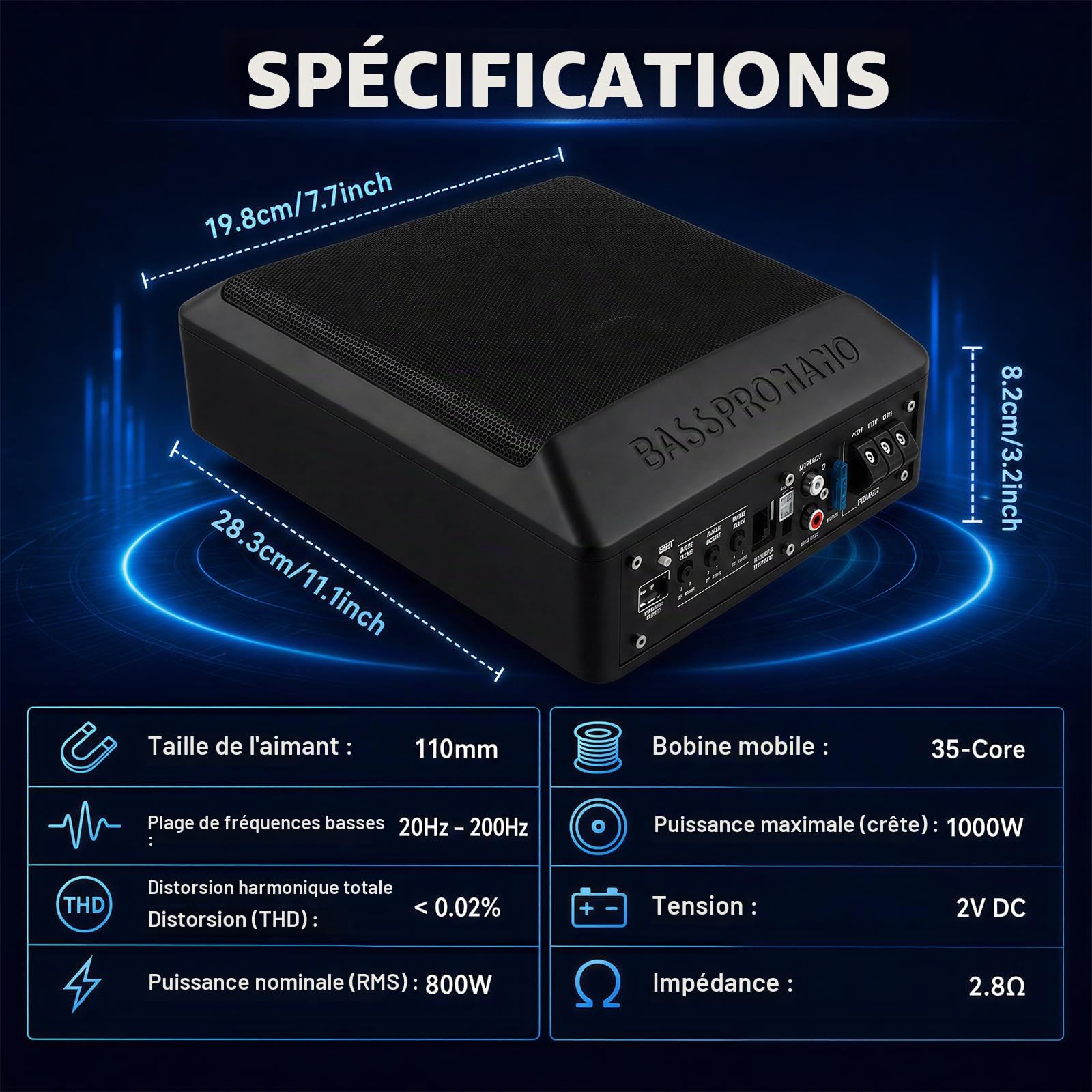 SIXWIN Caisson de Basses Actif 1000W – Subwoofer Plat 8 Pouces pour Voiture avec kit de Câblage Amplificateur, 20–200 Hz, 2,8 Ω, 12V, Subwoofer Compact, Basses Profondes