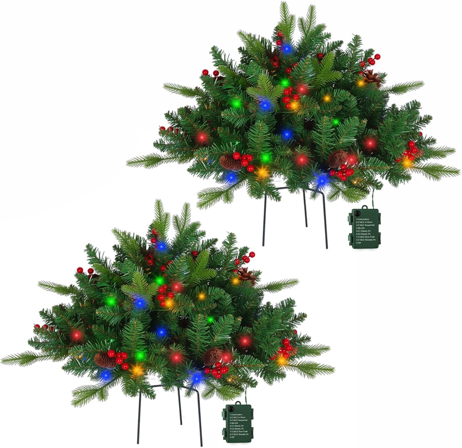 JOYHALO 2 Pack Set 22Inch Christmas Urn Filler with 40 Warm White Lights, Christmas Pot Fillers with White PVC&PE Branches, Outdoor Christmas Trees for Porch Pathway Entryway Yard Decorations