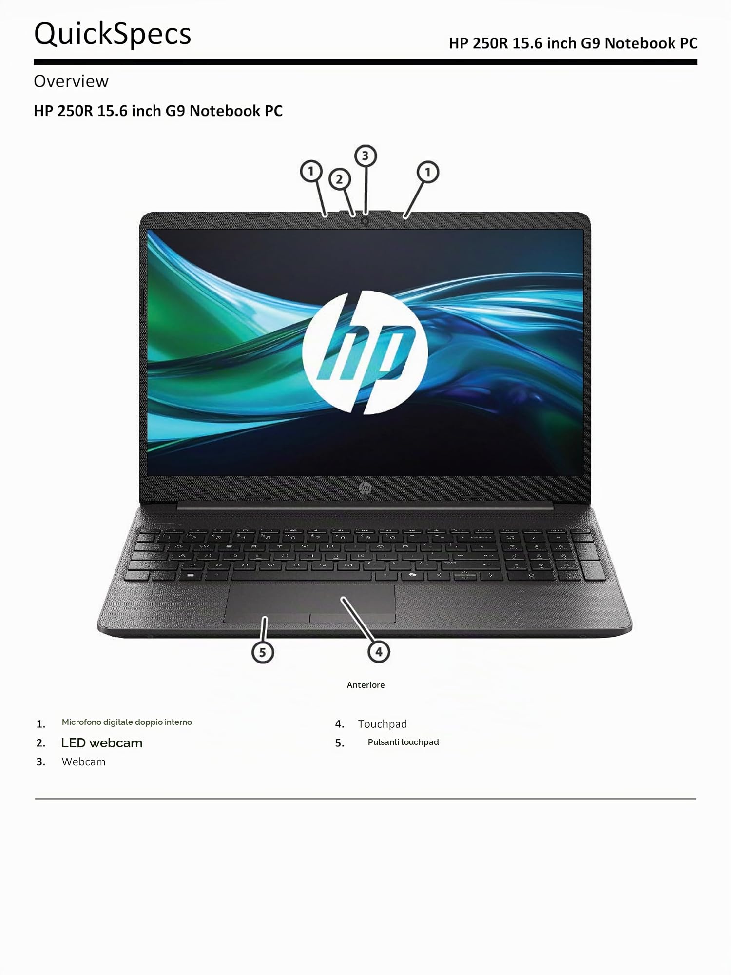 HP 250R G9, Computer Portatile Notebook, Intel Core 5 120U, 32GB RAM, 1TB SSD NVMe, Display 15.6'' Full HD, W11P