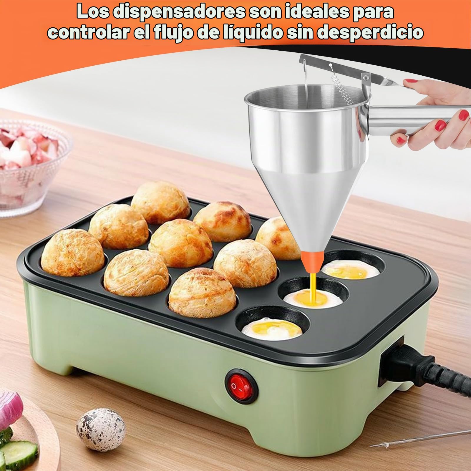 1200ml Dispensador Masa con Tapa & Soporte & 4 Boquillas Repuesto, Embudo Pistón Multi-Calibre, Herramientas Cocina Acero Inoxidable, Dispensador para Postres, Tortitas, Pastel, Panqueques