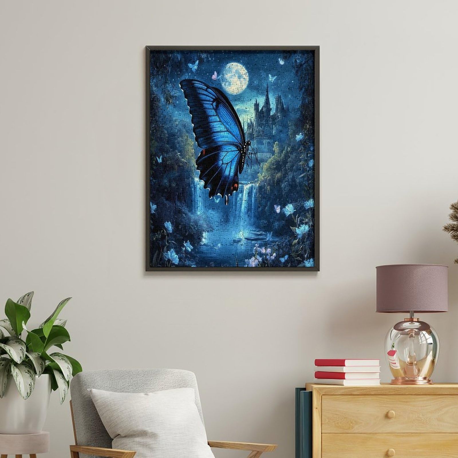 Lustiges Malen nach Zahlen für Erwachsene, Motiv: blauer Schmetterling, Schloss, Mond, vertikal, Baumwolle, digitales Ölgemälde, Heimdekoration, Geschenk, 65 x 50 cm
