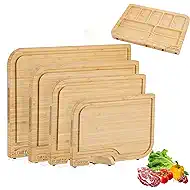 4-PCS Bamboo Cutting Board Set, Wood Cutting Board for Kitchen with Innovative Stand, Juice Groove & Handle, Double Sided for Chopping & Charcuterie Board, Kitchen Gift for Home Cooks, For Meat &Fruit