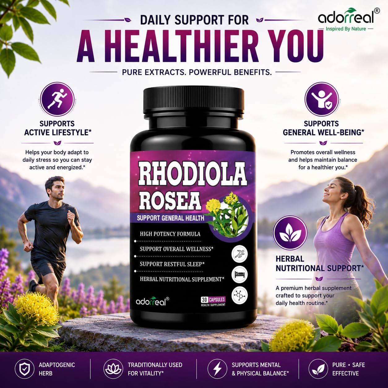 Adorreal Sports Range Rhodiola Rosea 700mg | Supports Brain Health, Memory, Focus & Mental Performance | Helps Promote Restful Sleep & Stress Management | 30 Veg Capsules 4