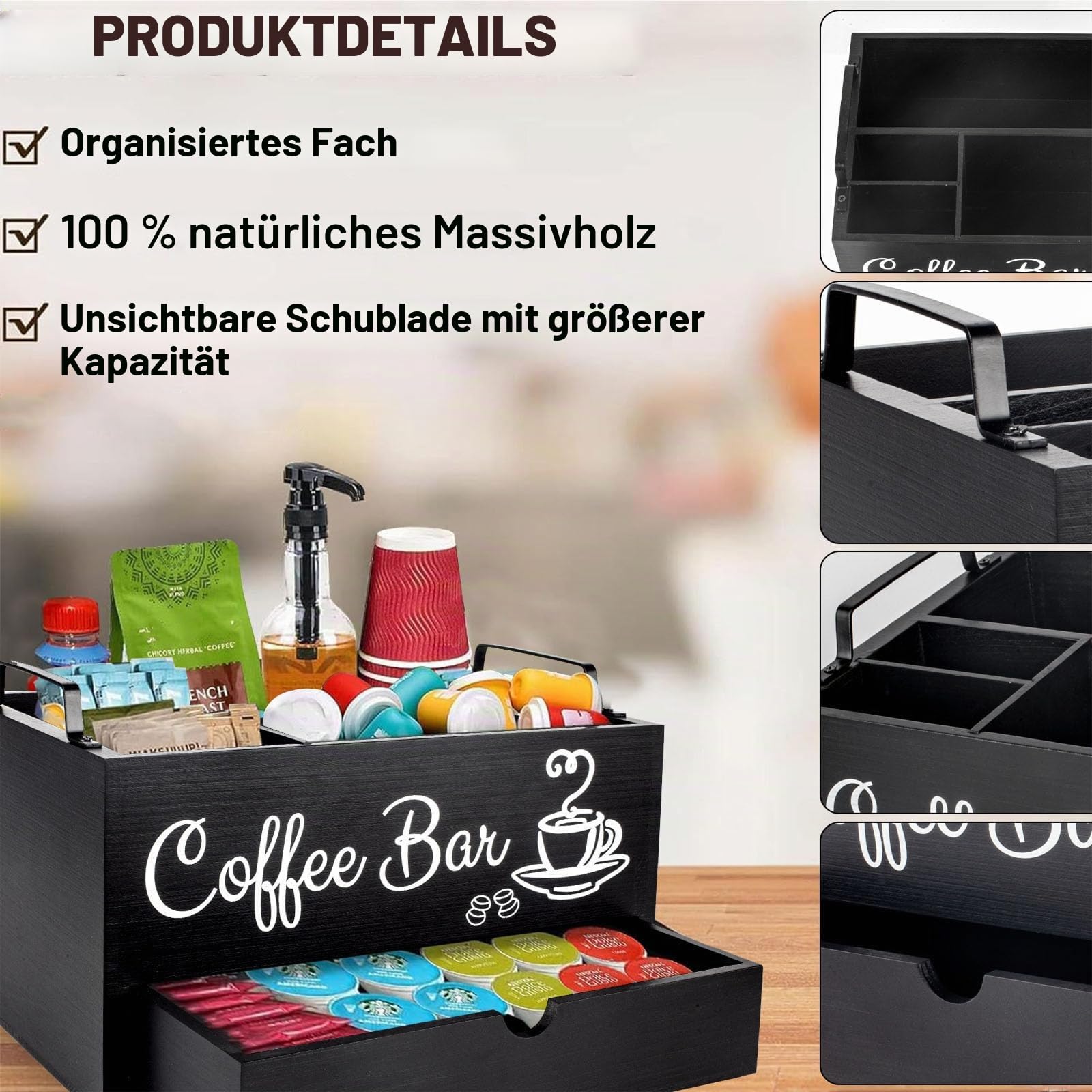 Kaffee Organizer-Tee Aufbewahrung,Kaffee Zubehör-Schubladenboxen Teebeutel Aufbewahrungsbox,Kaffeepads Aufbewahrung mit handhaben,Kaffeebar für Milch,Servietten, Kaffeekapseln,Zuckersticks