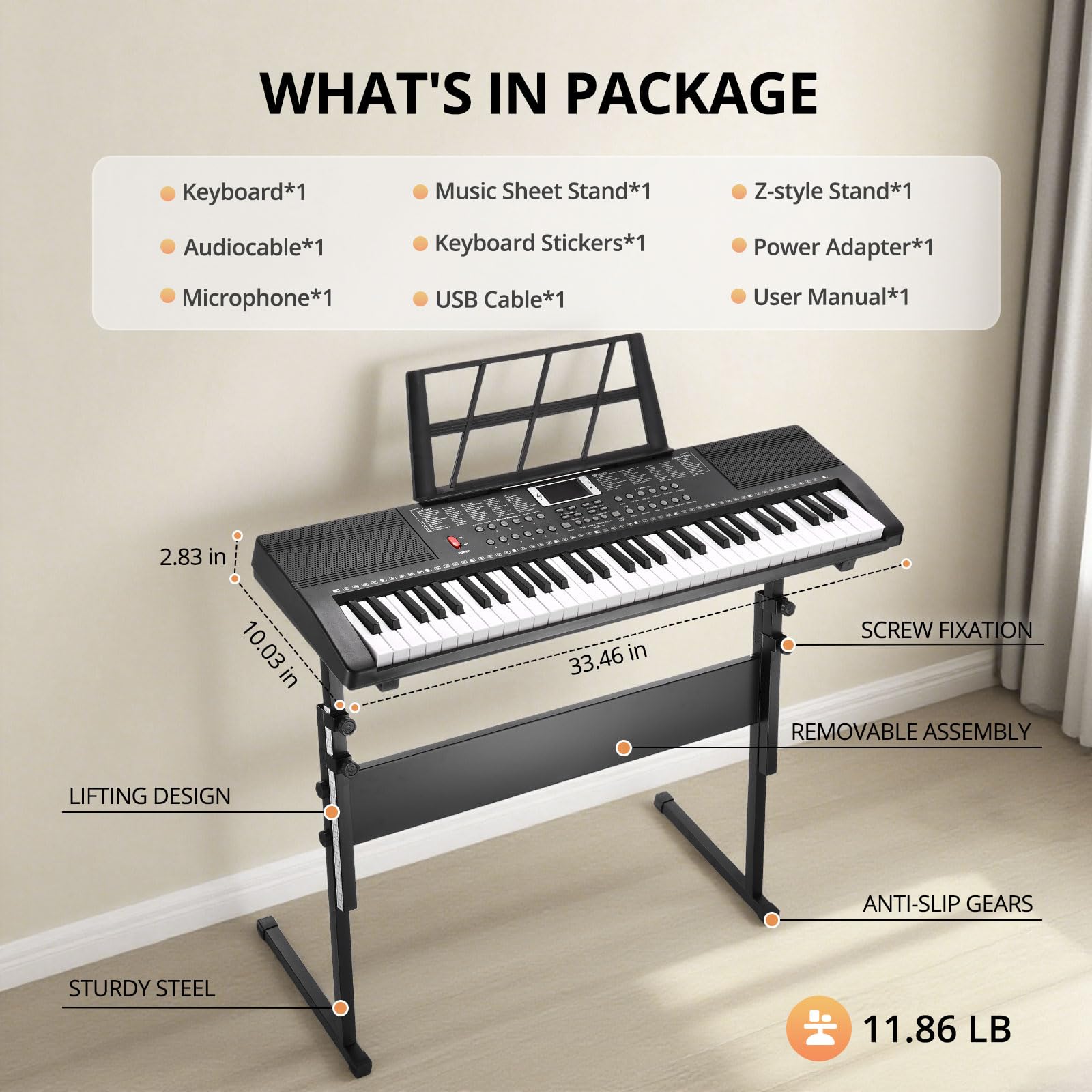 RIVVTA 61 Key Keyboard Piano with Stand for Beginners Portable Electronic Keyboard Piano Kit with 200 Tone 200 Rhythm 60 Demo Microphone Power Supply Sheet Music Stand Black(REK-10)