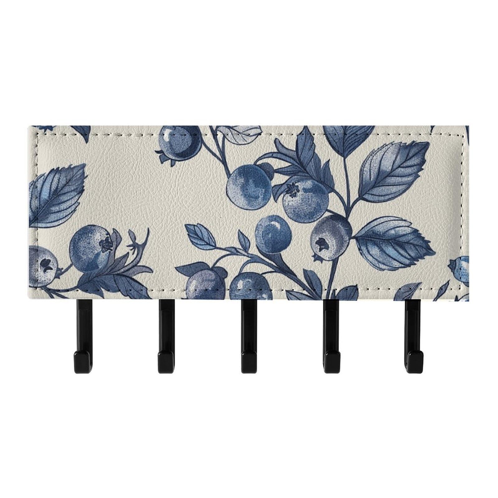 Fekiloot Black Blueberry Flower Pattern Key Holder For Wall Adhesive, No Drilling, Key Hooks With 5 Hooks Wall Mounted, Self Adhesive Keys Rack For Entryway, Hallway, Living Room, Kitchen, Office