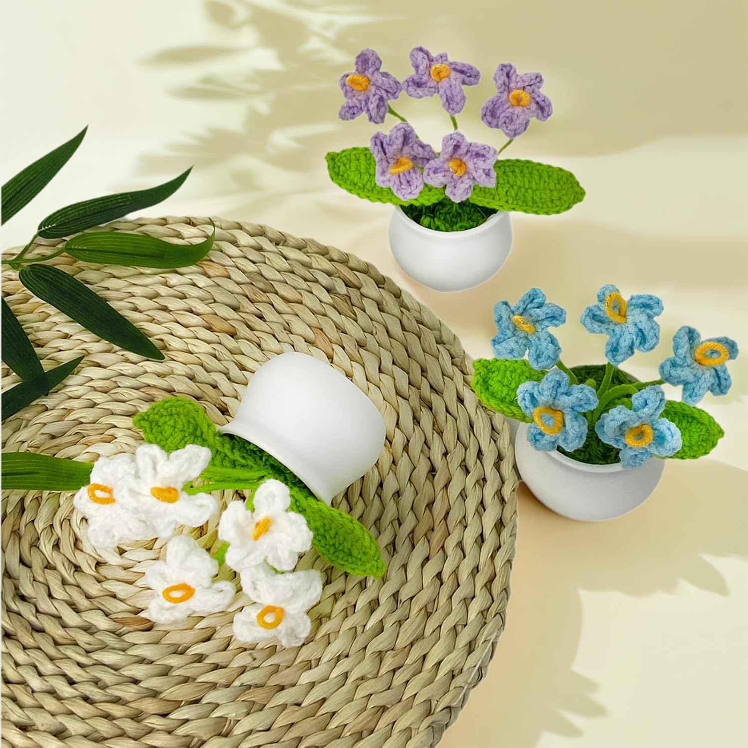 3 PCS Crochet Flowers Artificial Sunflower Small Potted Plants for Home Desk Car Office Decor Birthday for Mom Teacher Women Friends (Forget Me Not) - Image 3