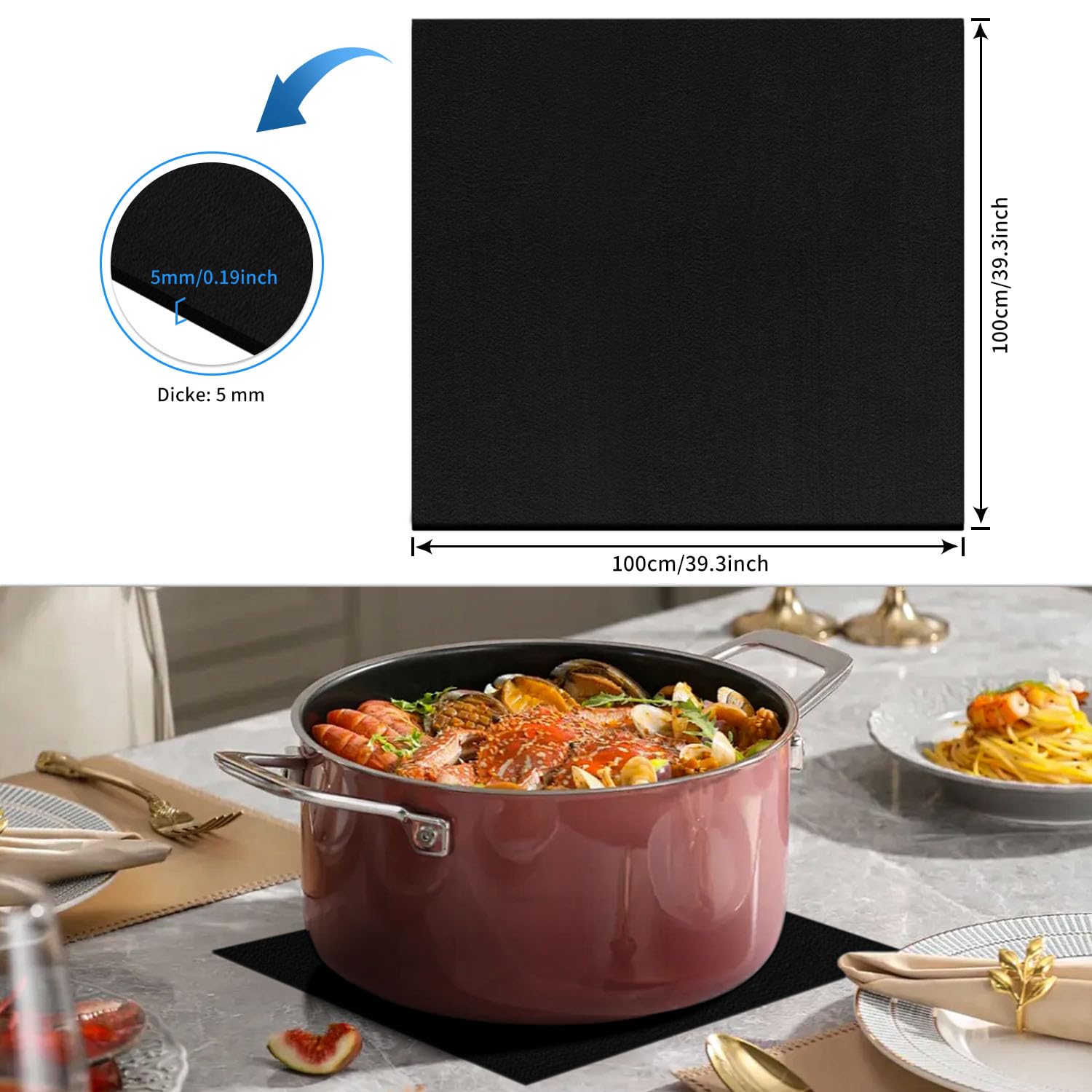 Base ignífuga de 100 x 100 cm, resistente al calor hasta 1400 °C, perfecta para soldar, protección fiable en negro, ideal como esterilla ignífuga