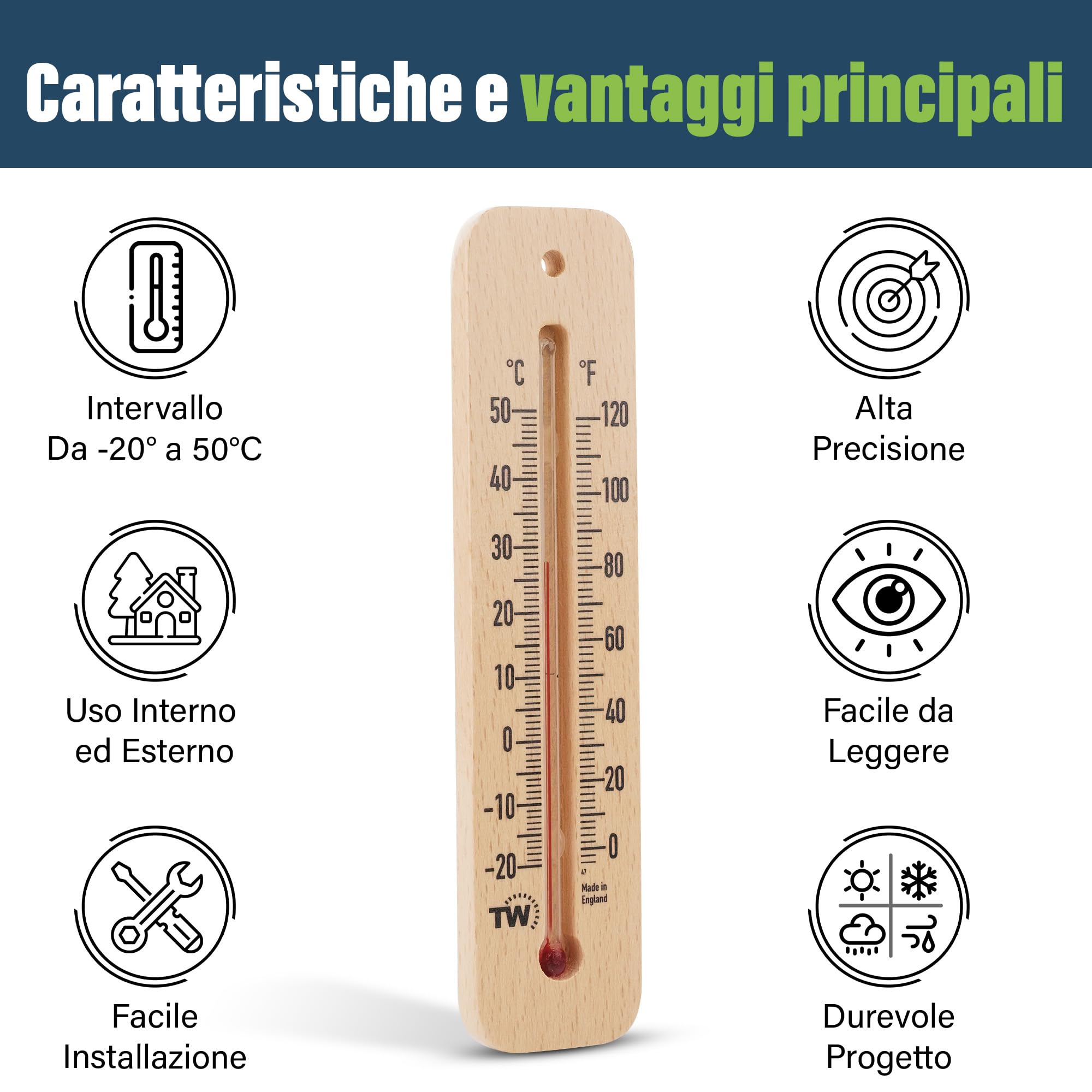 Termometro in legno per temperatura ambiente interno esterno casa ufficio giardino serra garage