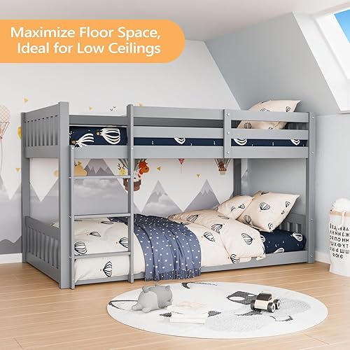 Miniatura 3 de JOYMOR Litera baja de madera maciza individual sobre individual para niños/jóvenes, marco de cama con barandillas y escalera para niños y niñas, no