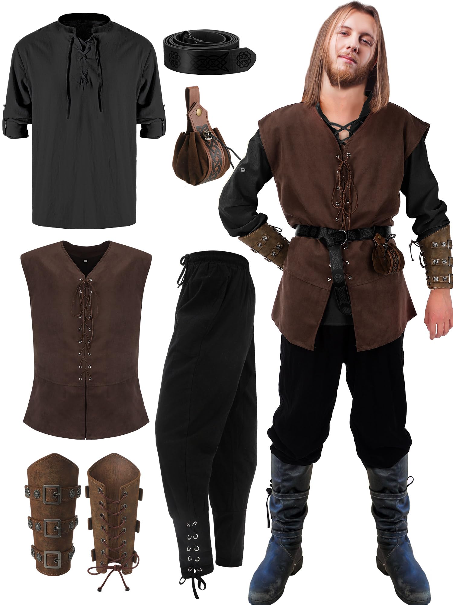 Suhine 6 Pcs Men's Halloween Renaissance Costume Set Medieval Vest Shirt Ankle Banded Pants Viking Belt Armband Pouch