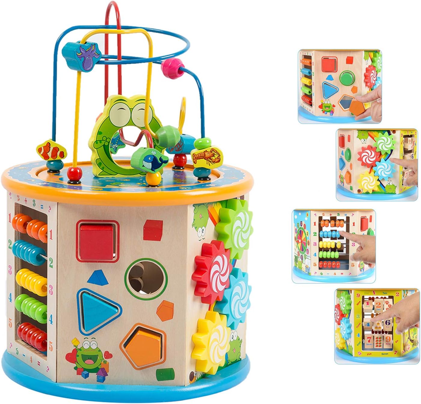 Jamohom Kids Activity Cube Wooden Bead Maze Shape Sorter Multi-Function 8 in 1 Educational Toys for Toddlers Gift（Small Size