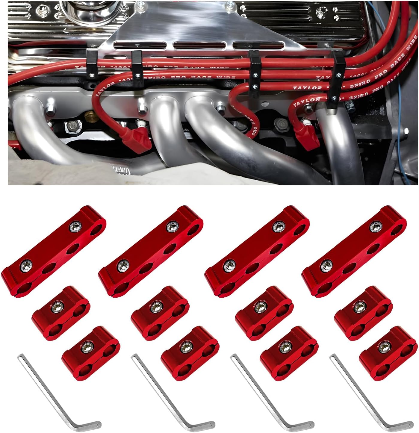 4PCS Car Engine Spark Plug Wire Separator Divider Set, Aluminum Alloy Spark Plug Wires Holder, Plugs Wire Divider Looms Organizer Clamp Kit for 8mm 9mm 10mm, Car Accessories (Red)